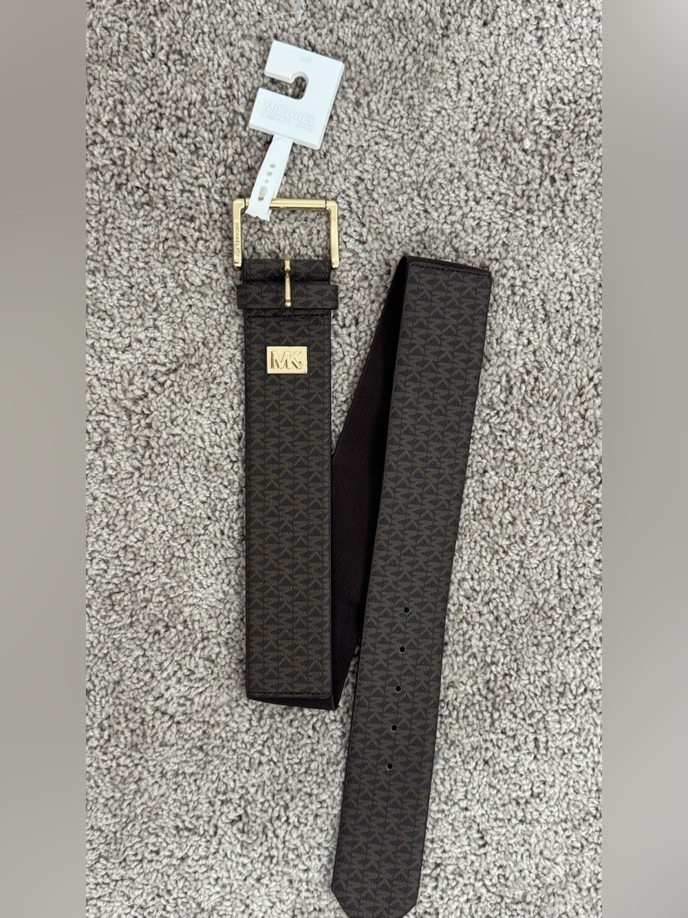 Michael Kors Brown Logo-Print Men’s Belt with Gold Hardware